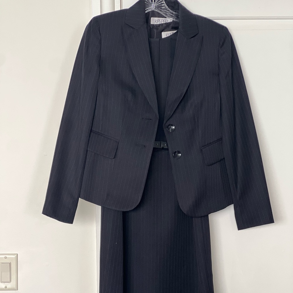 Kasper Black Pinstripe Dress & Blazer Suit Set Size 6 | Classic Career Workwear